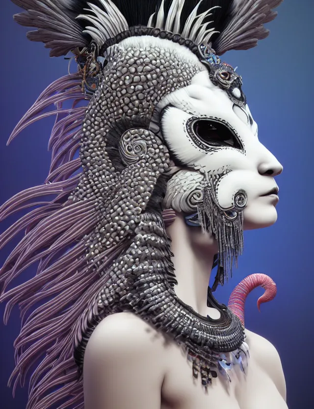 Image similar to 3 d goddess close - up profile simple portrait punk with mohawk with ram skull. beautiful intricately detailed japanese crow kitsune mask and clasical japanese kimono. betta fish, jellyfish phoenix, bio luminescent, plasma, ice, water, wind, creature, artwork by tooth wu and wlop and beeple and greg rutkowski