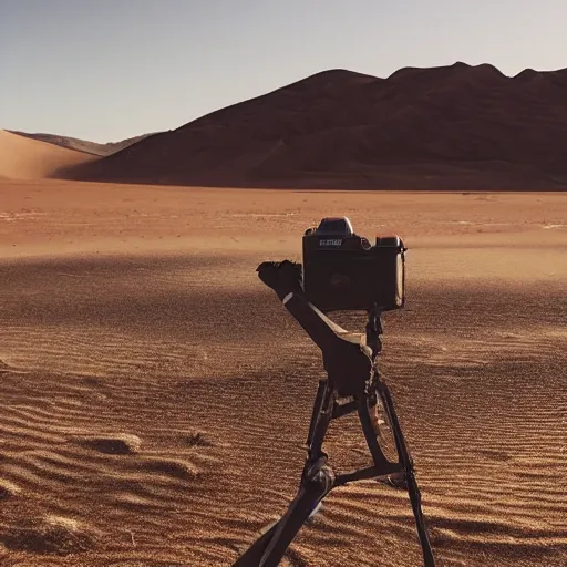 Prompt: 🐋 🤖🦖🐙 👽 🐳 in desert, photography