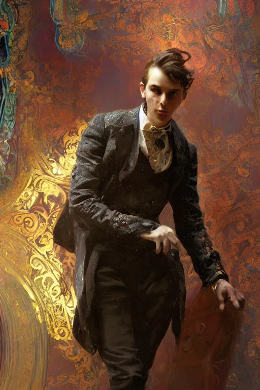 Prompt: an intricate artistic pose painting of a beautiful young victorian gentleman with an artistic pose wearing a beautiful victorian suit, hyper detailed, octane render, vivid colors, artstation, by jeremy mann, alphonse mucha, by boris vallejo