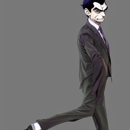 Image similar to Digital painting of Mr Bean walking like a Italian model in JoJo's Bizzare Adventure anime style, official media from JoJo's Bizzare Adventure, highly detailed, sharp focus, 1990 manga panel, anime, ArtStation, art by Hirohiko Araki