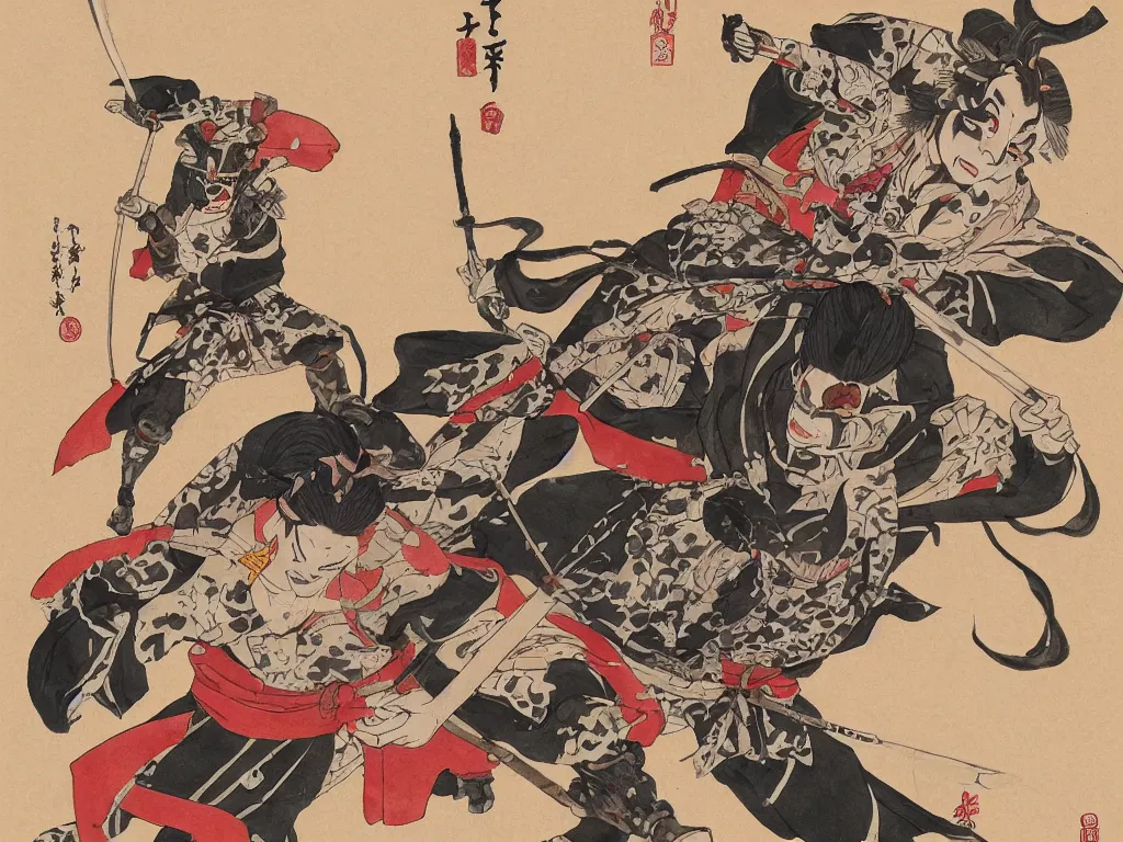 Prompt: edo samurai with full armor wearing hannya mask meditating, detailed illustration, realistic, animation still in the style of studio ghibli