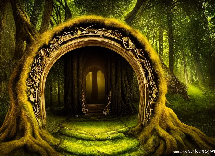 Prompt: photo of a portal to a different kingdom with magical creatures in it, in the forest. Fantasy magic style. Highly detailed 8k. Intricate. Nikon d850 55mm. Award winning photography.