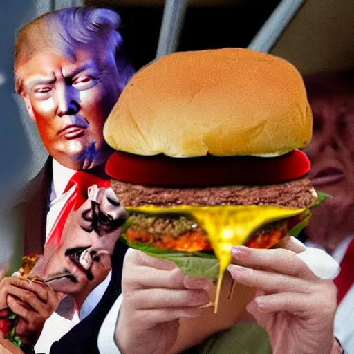 Image similar to zombie Donald Trump eating a rotten Burger