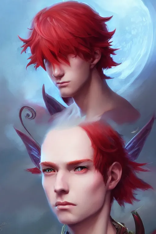 Prompt: fairy prince, red hair, highly detailed, d & d, fantasy, highly detailed, digital painting, trending on artstation, concept art, sharp focus, illustration, art by artgerm and greg rutkowski and fuji choko and viktoria gavrilenko and hoang lap