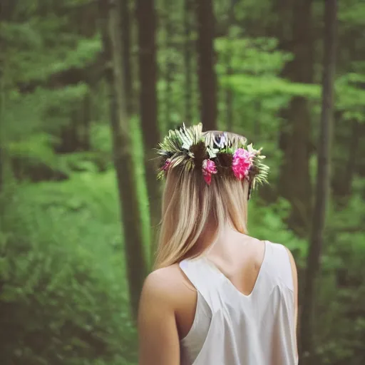 Image similar to kodak portra 4 0 0 photograph of a beautiful blonde young woman standing in a dark forest, back view, flower crown, moody lighting, telephoto, 9 0 s vibe, blurry background, vaporwave colors, faded!