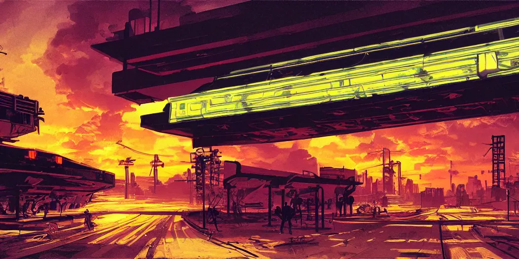 Image similar to post apocalyptic wasteland neon futuristic cyberpunk vaporwave glow sunset clouds sky subway tunnel illustration by syd mead