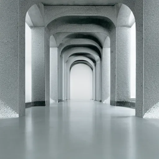 Image similar to photograph of a symmetrical arch hallway, shiny floor, concrete, pastel hues, minimalist, architecture magazine, dezeen, 50mm, pentax, film