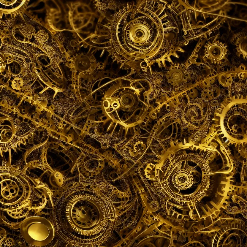 Prompt: an endless fractal made of metal, brass, gears, many parts, cinematic lighting, volumetric lighting, award winning photography, highly detailed, intricate, sharp focus, 4 k wallpaper, unreal engine, 9 0 mm, f / 1. 4