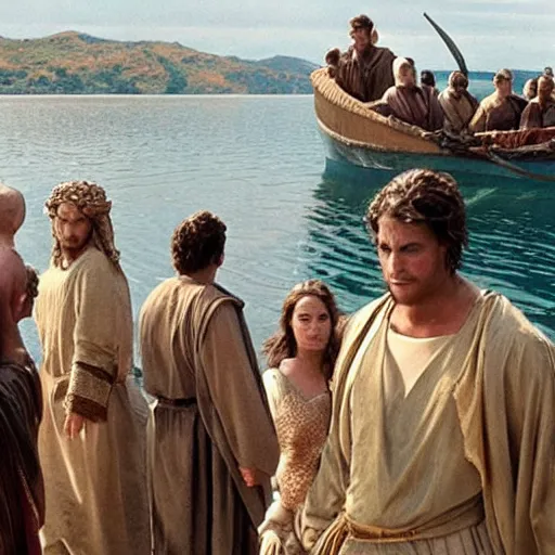 Image similar to Cinematic still of Stunned Men in 1st century clothing standing on a boat, looking in shock at the calm water, miraculous, spiritual, divine, Biblical epic directed by Ang Lee