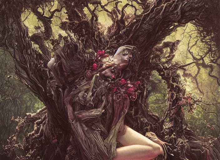 Prompt: realistic detailed image of a woman in a dark forest with a monster peeking from behind a gnarled tree by Ayami Kojima, Amano, Karol Bak, Greg Hildebrandt, and Mark Brooks, Neo-Gothic, gothic, rich deep colors. Beksinski painting, part by Adrian Ghenie and Gerhard Richter. art by Takato Yamamoto. masterpiece. ultra details, high quality, high resolution .