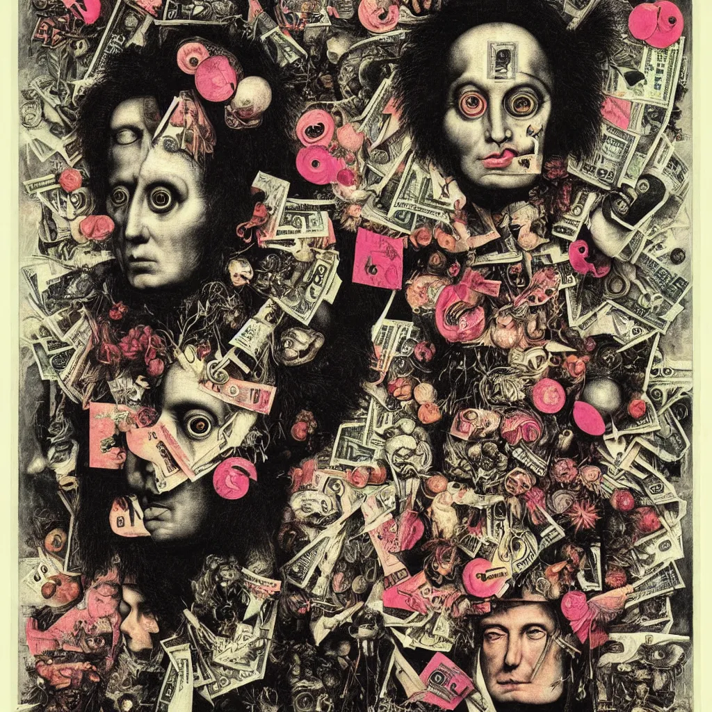 Image similar to post - punk new age album cover, asymmetrical design, dollar bank notes, capitalism, magic, apocalypse, psychedelic, black white pink, magic, giger h. r., giuseppe arcimboldo