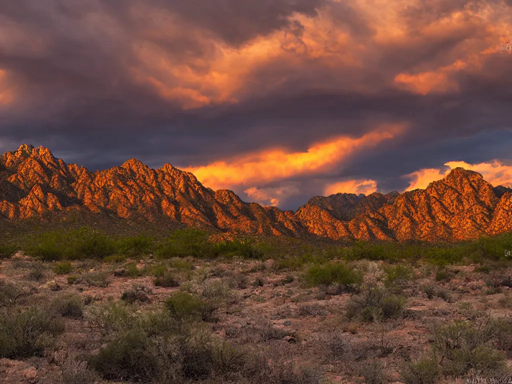 Prompt: storm clouds at sunset over the santa catalina mountains in Arizona, golden hour photograph, f/8.0 iso 100 109mm