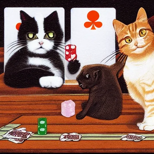 Prompt: a cat and a dog playing cards