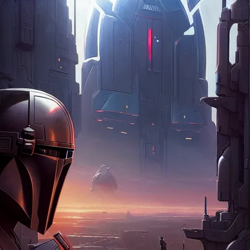 Image similar to the mandalorian watches futuristic city in the horizon, illustration by tyler edlin, detailed, sharp, masterpiece, highly detailed, photorealistic, octane render, 8 k, unreal engine. art by artgerm and greg rutkowski and charlie bowater and magali villeneuve and alphonse mucha