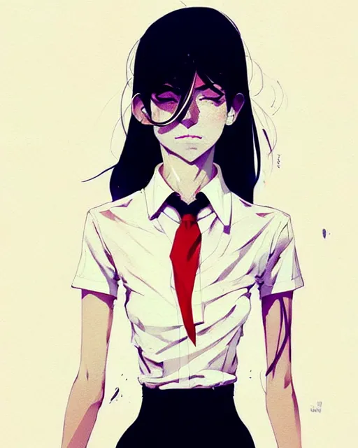 Image similar to a ultradetailed full body portrait of a woman dressed in a white shirt with a tie, by conrad roset, greg rutkowski and makoto shinkai trending on artstation