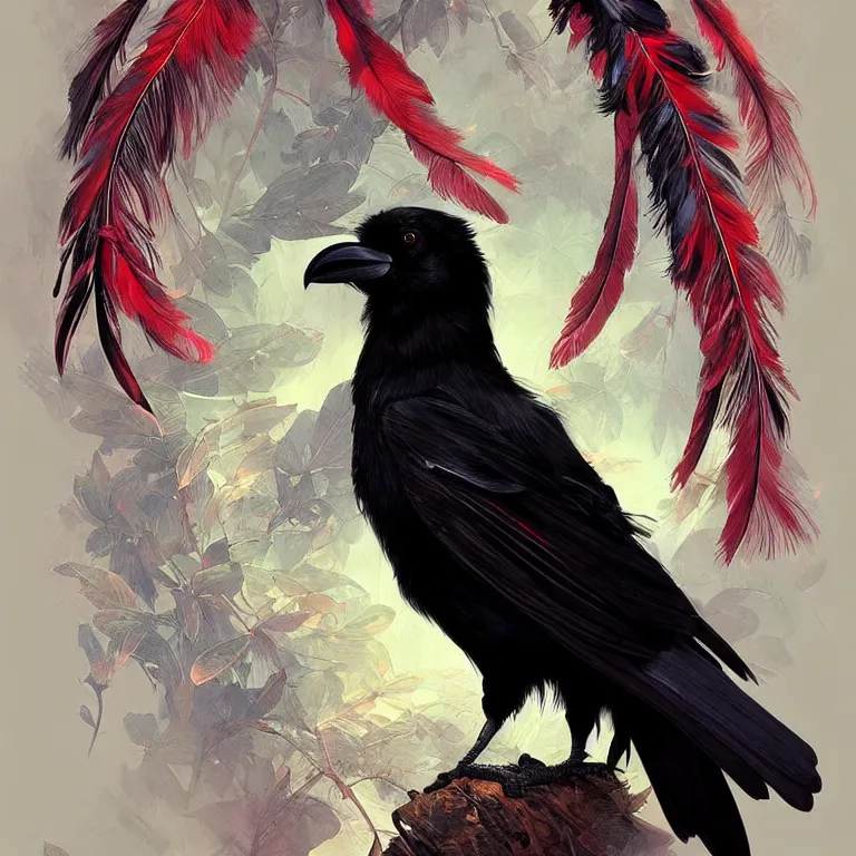 Image similar to beautiful black raven bird with long red feather highlights, cute, intricate, highly detailed, digital painting, trending on artstation, concept art, smooth, sharp focus, backlit, rim light, vivid colors, illustration, unreal engine 5, 8 k, art by rossdraws and alphonse mucha