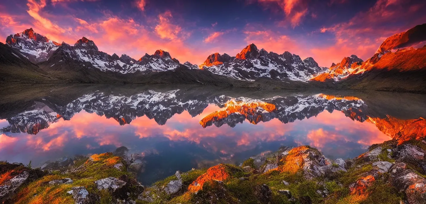 Image similar to amazing landscape photo of mountains with lake in sunset by marc adamus, beautiful dramatic lighting