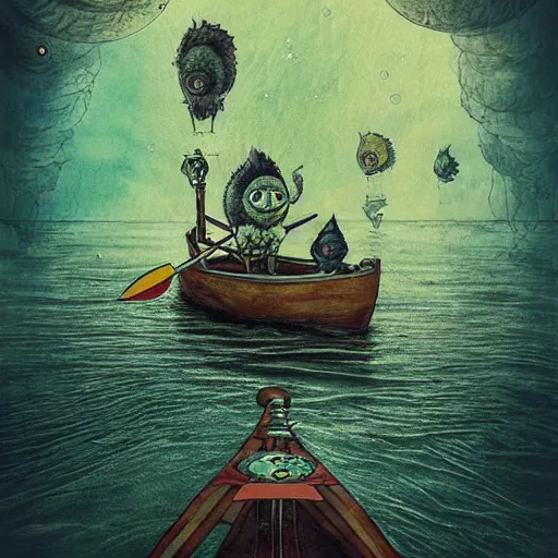 Prompt: a rowing boat of monsters floating in space, alexander jansson, artstation