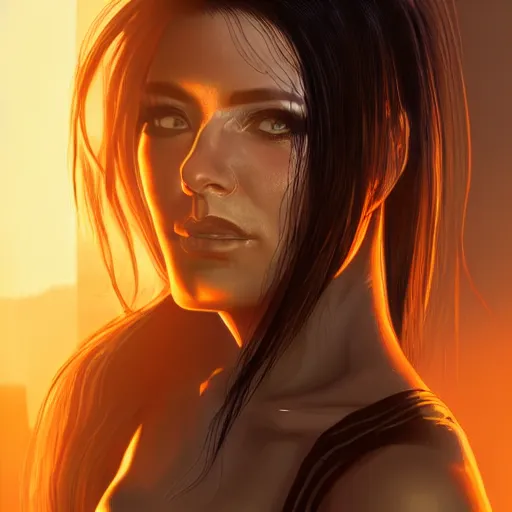 Image similar to a portrait of a sad cyberpunk long black hair women standing in a soft lighting, golden hour, ahestetic, very detailed, super detailed, extremely beautiful,