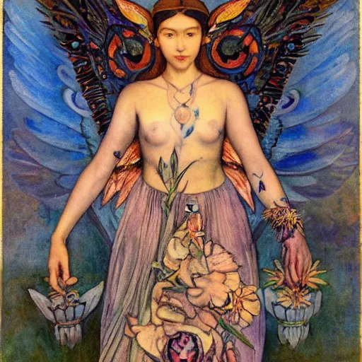 Image similar to queen of the dawn with her wings and her lantern, by Annie Swynnerton and Nicholas Roerich and Diego Rivera, bioluminescent skin, floral tattoos, elaborate costume, geometric ornament, symbolist, soft colors, smooth, sharp focus, extremely detailed