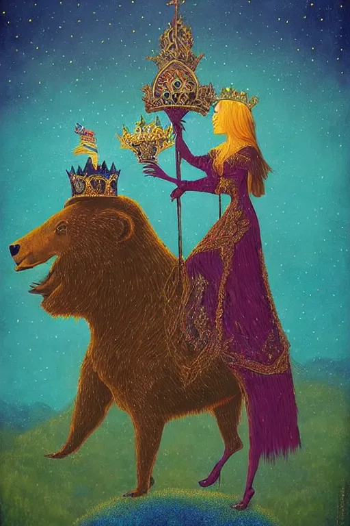 Image similar to surreal medieval princess with a crown riding a bear, nostalgia for a fairytale, magic realism, flowerpunk, mysterious, vivid colors, by andy kehoe, amanda clarke