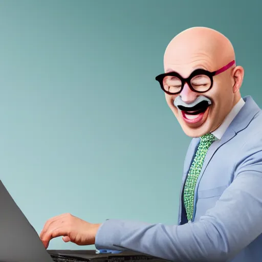 Image similar to Funny Realistic Bald Man is laughing wearing a blue suit and has a pyramidal mustache while hacking into a computer with his golden retriever, neon green glow background, hands fast typing on keyboard, matrix code background