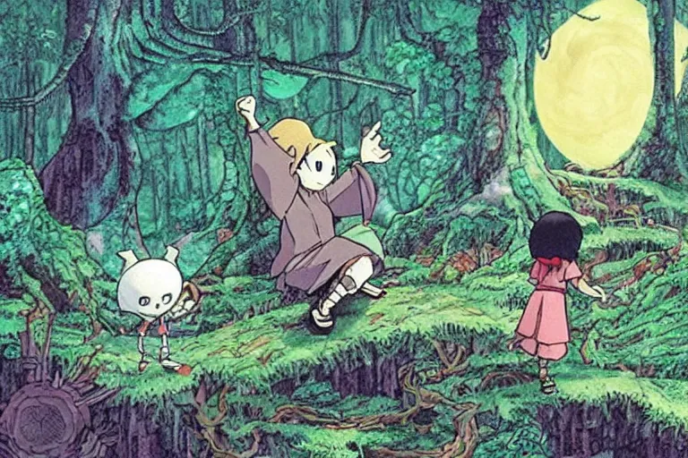 Image similar to chihiro ogino meets skelethor in an enchanted forest, studio ghibli