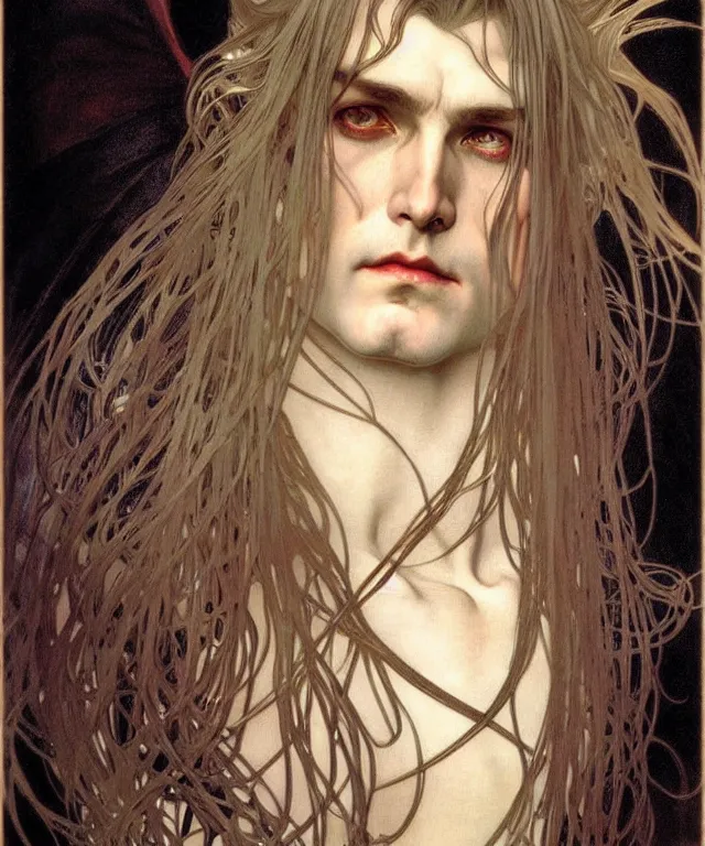 Prompt: realistic detailed face portrait of a handsome vampire prince with long white hair by alphonse mucha, ayami kojima, amano, greg hildebrandt, and mark brooks, male, art nouveau, neo - gothic, gothic