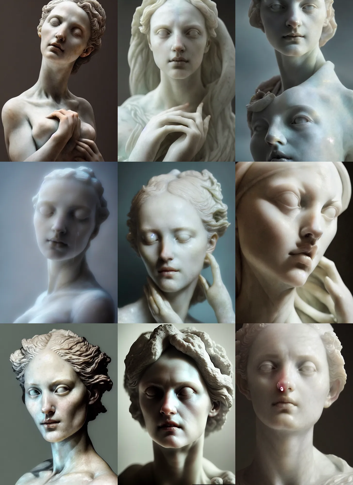 Prompt: beautiful closeup portrait of a ethereal lady, marble sculpture by greg rutkowski, josan gonzalez, rodin, michelangelo, cinematography by christopher nolan, imaginative, creative, emotion : madness