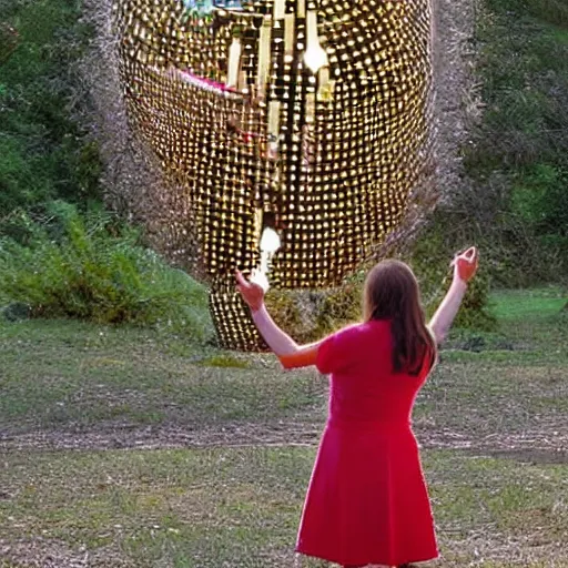 Image similar to A installation art. A rip in spacetime. Did this device in her hand open a portal to another dimension or reality?! by Bruce Munro, by John Martin realist