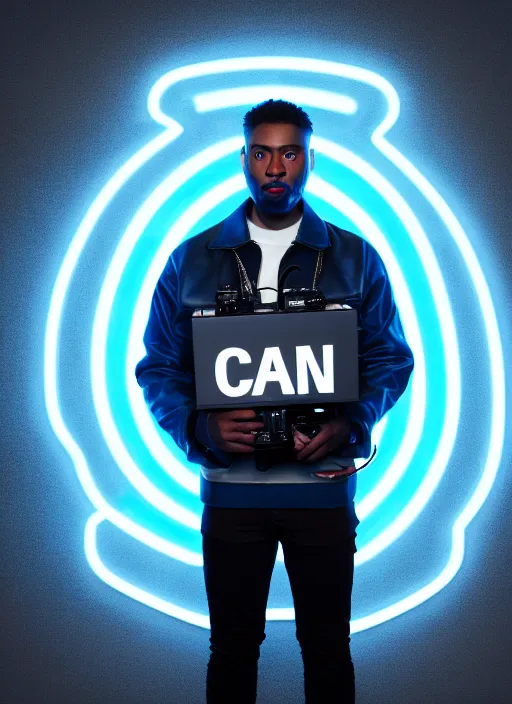 Image similar to a black man with short curly haircut, portrait, wearing black letter jacket, holding a futuristic looking big cinema camera, light blue led's, sharp focus, octane render, hyperrealistic, cinematic lighting, highly detailed, 8 k,