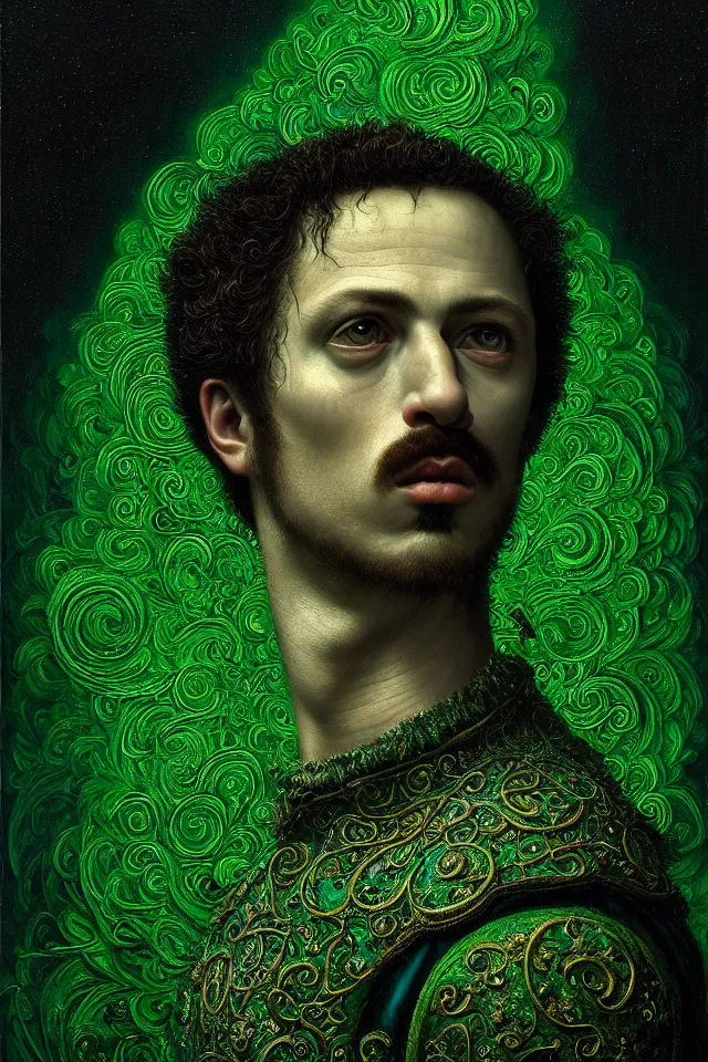 Image similar to bizarre green galckloght detailed renaissance portrait of mario as a highly detailed realistic real life person, dramatic cinematic lighting, 8 k, beautiful intricate painting by james r eads and tomasz alen kopera