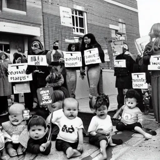 Image similar to babies protesting in front of a daycare center