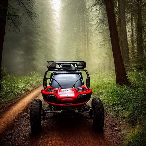 Prompt: amazing landscape photo of an off road buggy with a smiling driver inside inside a forest by marc adamus, beautiful dramatic lighting