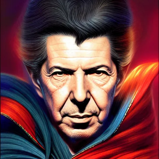 Image similar to glorious full head portrait of Leonard Cohen as Dr Strange, fantasy, intricate, elegant, digital painting, trending on artstation, concept art, sharp focus, illustration by Gaston Bussiere and artgerm, 4k.