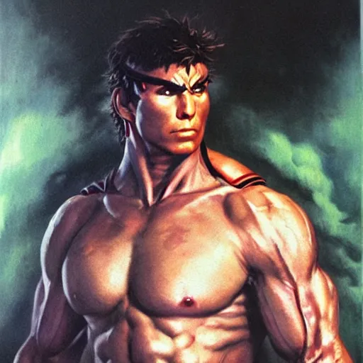 Prompt: dax shepard as ryu from street fighter, painting by frank frazetta, 4 k, ultra realistic, highly detailed,