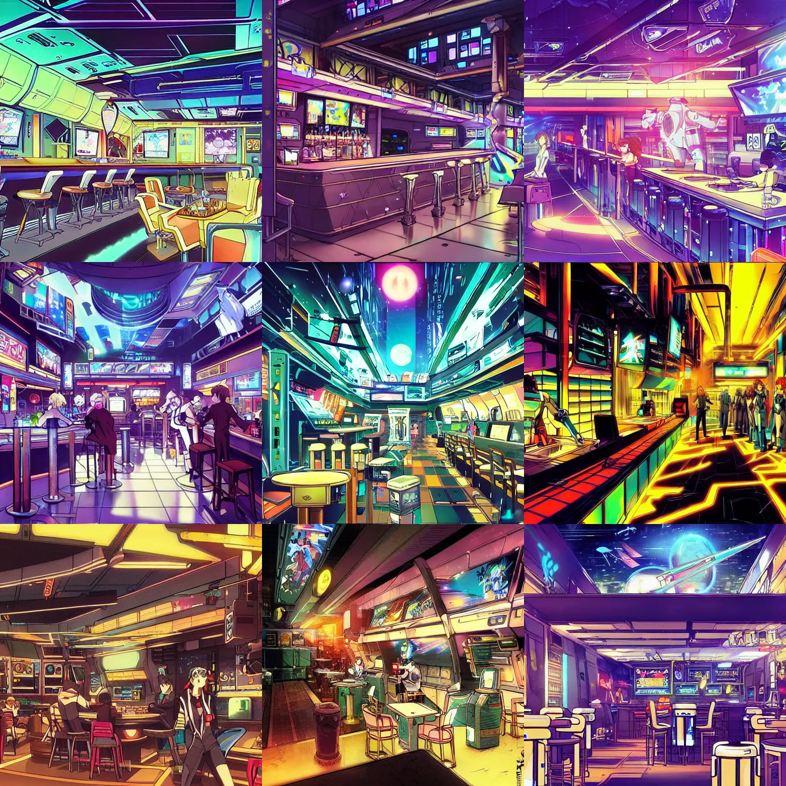 Prompt: “Anime visual of a space cyberpunk bar, from Robotech macross 2010s anime series, trending on pixiv; official media”