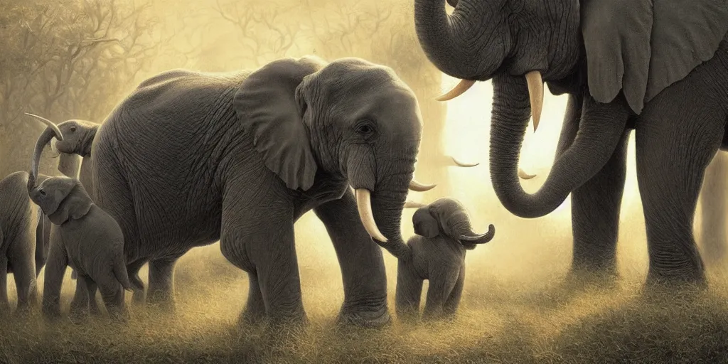Prompt: two adult elephants comfort a baby elephant, only three elephants, rich golden hour, savannah, illustration, detailed, smooth, soft, warm, by Adolf Lachman, Shaun Tan, Surrealism