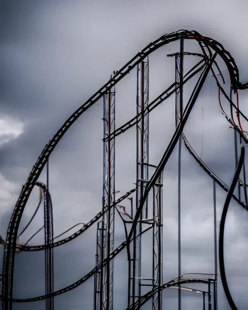 Prompt: a high definition photograph of a roller coaster track that goes up into the dark clouds