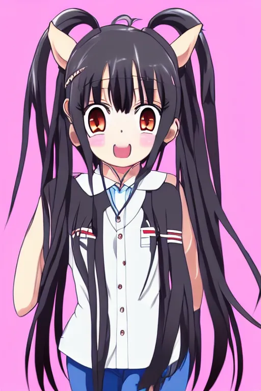 Prompt: full body anime portrait of a cute girl round eyes long hair dressed in a school uniform inside the school horns sticking out on her head, peace sign, stunning, highly detailed, anatomically correct