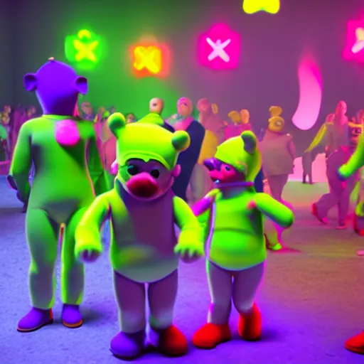 Image similar to hyperrealistic film still of teletubby rave, stunning 3 d render, neon cyberpunk cinematic lighting, 8 k octane comprehensive render, extremely hyper - detailed, incredibly realistic, intricate, masterpiece