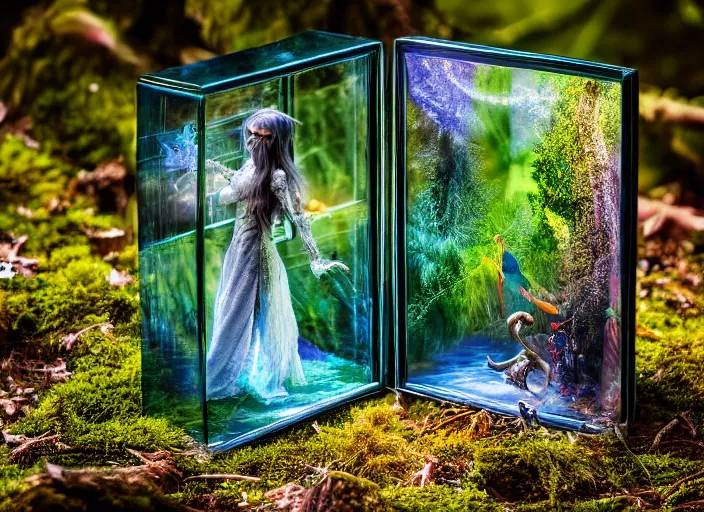 Prompt: photo of a glass box with magical creatures inside in the forest. Fantasy magic style. Highly detailed 8k. Intricate. Nikon d850 55mm. Award winning photography.