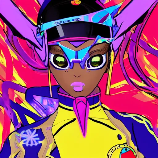 Image similar to : extremely beautiful photo of a black spandex anime girl with colorful skateboard logos all over helmet with closed visor, colorful hyperbolic background, fine art, sailor moon, neon genesis evangelion, virgil abloh, offwhite, denoise, highly detailed, 8 k, hyperreal