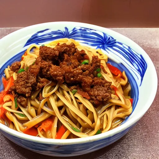 Image similar to a bowl of noodles with mixed beef sauce