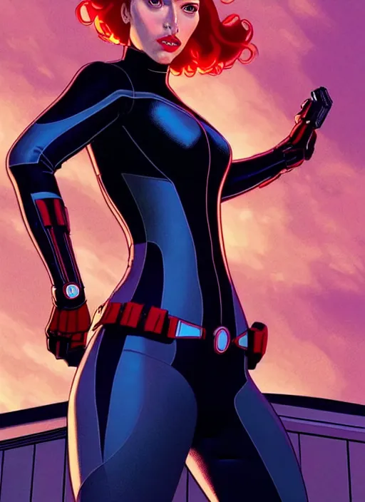 Image similar to rafeal albuquerque comic art, joshua middleton comic art, cinematics lighting, night time, pretty scarlett johansson black widow, big smirk, symmetrical face, symmetrical eyes, long red hair, full symmetrical body, flying in the air, jumping off rooftop