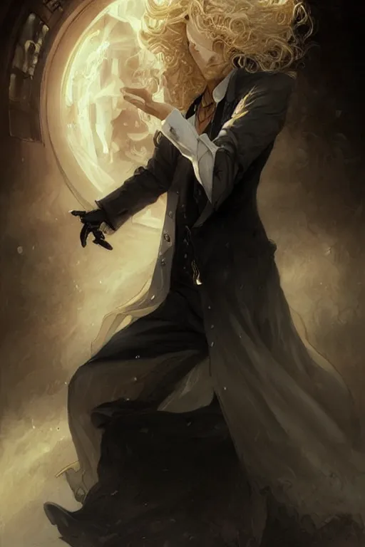 Prompt: johan liebert mixed with alucard picture by Greg Rutkowski, long fluffy blond curly hair, baroque curls, dynamic pose, thicc, matte painting, intricate, z brush, fantasy concept art, elegant, in a white dress shirt and black miniskirt, by Stanley Artgerm Lau, WLOP, golden ratio, thomas kindkade, alphonse mucha, loish, Peter chung, norman Rockwell,