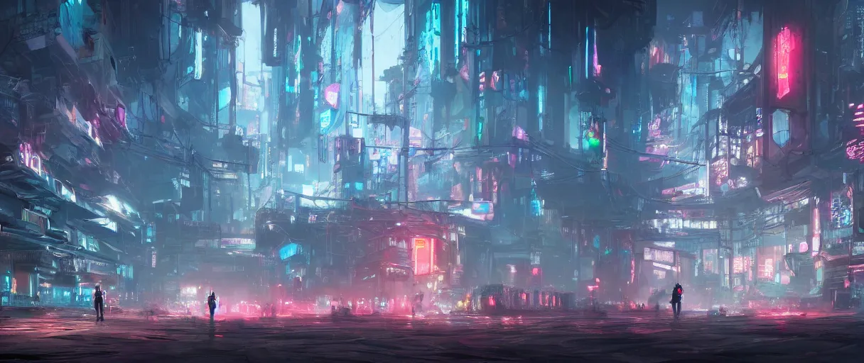 Image similar to concept art environment design of dystopian cyberpunk city with neon lights, people on the streets being monitored by drones, trending on artstation, painted by dreadjim, eddie mendoza, wlop