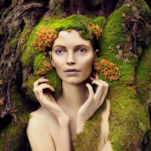 Image similar to beautiful portrait of a forest dryad, her skin made of moss, flowers growing from her head, golden sunlight, extremely detailed, hyperrealistic, photo by annie leibovitz, masterpiece, award-winning