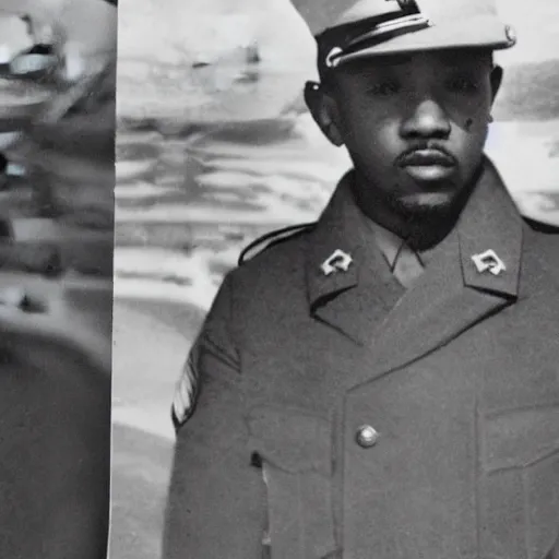 Prompt: 1 9 4 0 s vintage monochrome photograph of kendrick lamar wearing a us army uniform on omaha beach, 8 k, very detailed, very intricate,