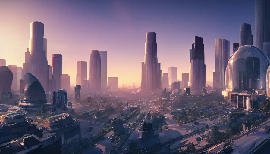 Prompt: futuristic los angeles with humongous glass buildings and dome, city art, sunset, light between buildings, paradise, fresh, hyperdetailed, artstation, cgsociety, 8 k